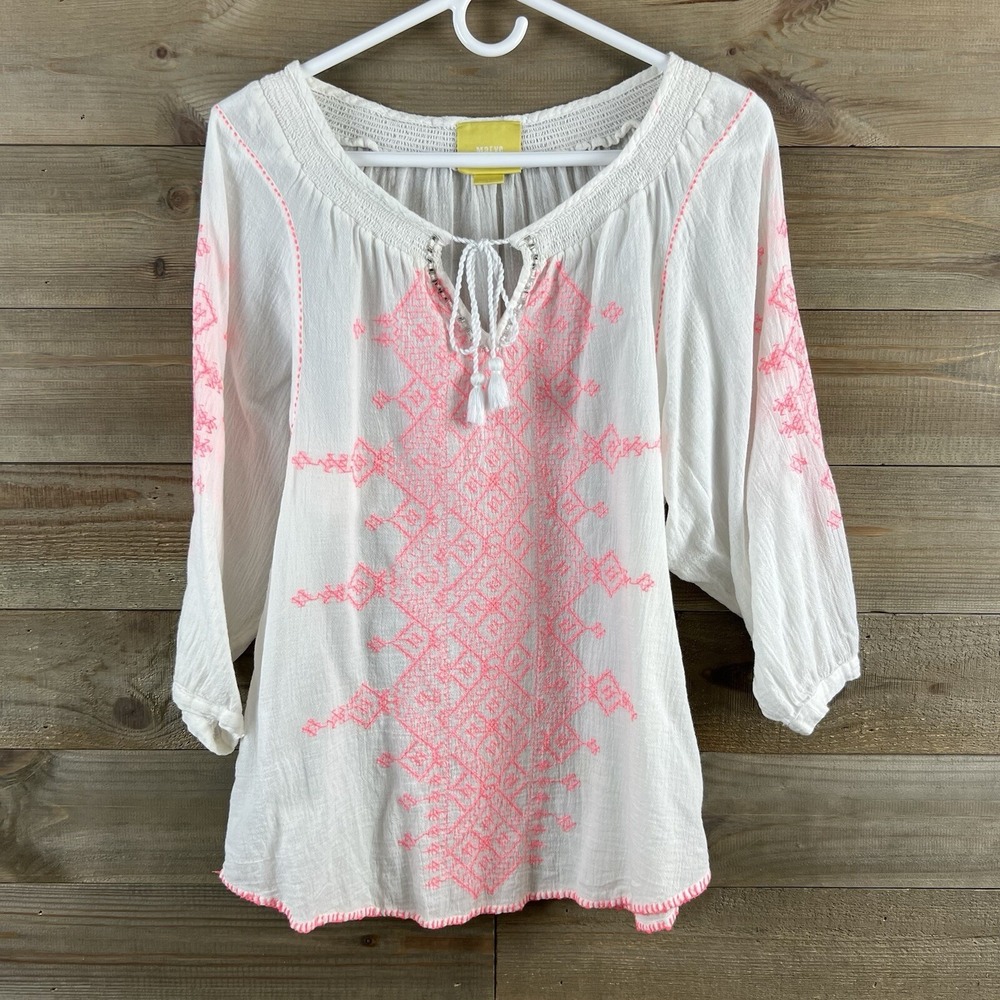 Maeve Anthropologie Womens Shirt Cotton Gauze Blouse Embroidered Beaded Size 4 - Picture 1 of 9